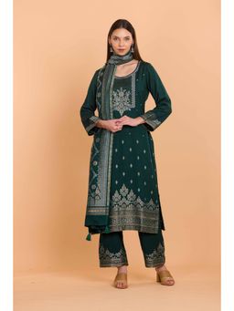 Safaa - Green Wool Woven Design Unstitched Dress Material with Dupatta (Set of 3)