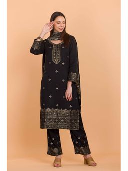 Safaa - Black Wool Woven Design Unstitched Dress Material with Dupatta (Set of 3)