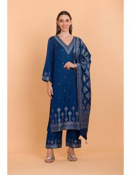 Safaa - Blue Wool Woven Design Unstitched Dress Material with Dupatta (Set of 3)