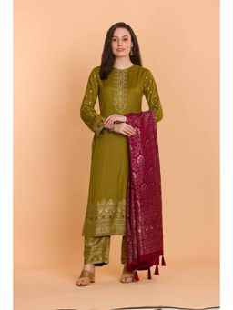 Safaa - Olive Wool Woven Design Unstitched Dress Material with Dupatta (Set of 3)