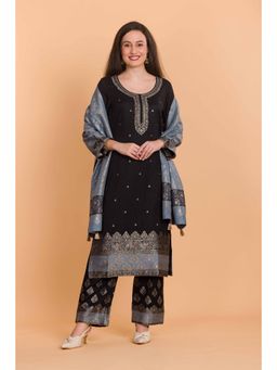 Safaa - Black Wool Woven Design Unstitched Dress Material with Dupatta (Set of 3)