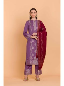 Safaa - Lavender Wool Woven Design Unstitched Dress Material with Dupatta (Set of 3)
