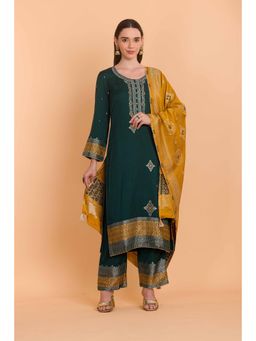 Safaa - Green Wool Woven Design Unstitched Dress Material with Dupatta (Set of 3)