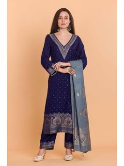 Safaa - Navy Blue Wool Woven Design Unstitched Dress Material with Dupatta (Set of 3)
