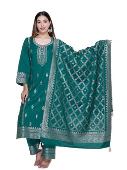 Safaa - Green Wool Woven Design Unstitched Dress Material with Dupatta (Set of 3)