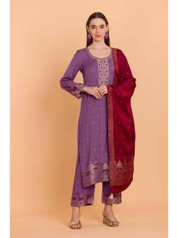 Safaa - Lavender Wool Woven Design Unstitched Dress Material with Dupatta (Set of 3)