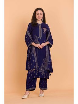 Safaa - Navy Blue Wool Woven Design Unstitched Dress Material with Dupatta (Set of 3)