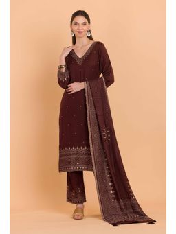 Safaa - Brown Wool Woven Design Unstitched Dress Material with Dupatta (Set of 3)