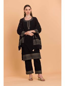Safaa - Black Wool Woven Design Unstitched Dress Material with Dupatta (Set of 3)