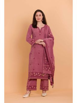 Safaa - Peach Wool Woven Design Unstitched Dress Material with Dupatta (Set of 3)