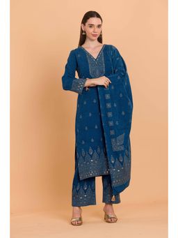 Safaa - Blue Wool Woven Design Unstitched Dress Material with Dupatta (Set of 3)