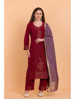 Safaa - Maroon Wool Woven Design Unstitched Dress Material with Dupatta (Set of 3)