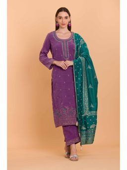 Safaa - Lavender Wool Woven Design Unstitched Dress Material with Dupatta (Set of 3)