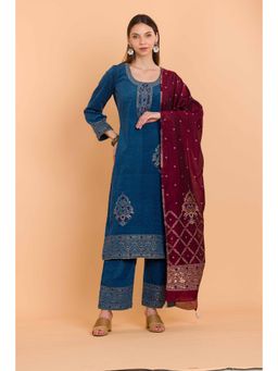 Safaa - Blue Wool Woven Design Unstitched Dress Material with Dupatta (Set of 3)