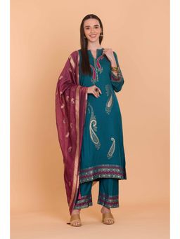 Safaa - Teal Wool Woven Design Unstitched Dress Material with Dupatta (Set of 3)