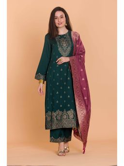 Safaa - Green Wool Woven Design Unstitched Dress Material with Dupatta (Set of 3)