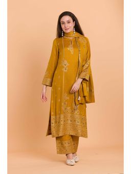 Safaa - Mustard Wool Woven Design Unstitched Dress Material with Dupatta (Set of 3)