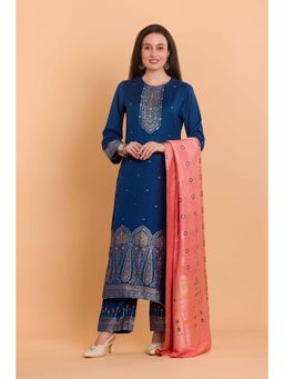 Safaa - Blue Wool Woven Design Unstitched Dress Material with Dupatta (Set of 3)