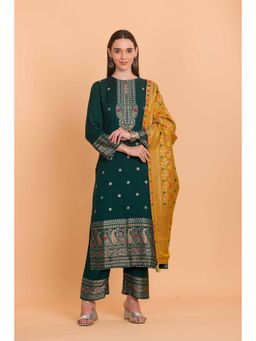 Safaa - Green Wool Woven Design Unstitched Dress Material with Dupatta (Set of 3)
