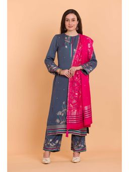 Safaa - Grey Wool Woven Design Unstitched Dress Material with Dupatta (Set of 3)