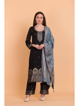 Safaa - Black Wool Woven Design Unstitched Dress Material with Dupatta (Set of 3)