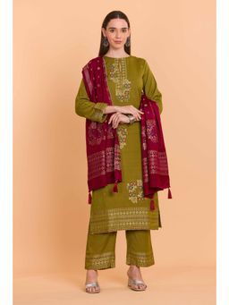 Safaa - Olive Wool Woven Design Unstitched Dress Material with Dupatta (Set of 3)