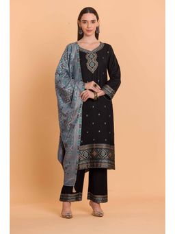 Safaa - Black Wool Woven Design Unstitched Dress Material with Dupatta (Set of 3)