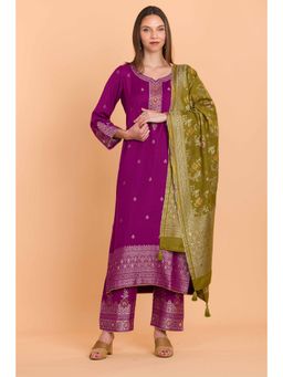 Safaa - Purple Wool Woven Design Unstitched Dress Material with Dupatta (Set of 3)