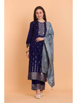 Safaa - Navy Blue Wool Woven Design Unstitched Dress Material with Dupatta (Set of 3)