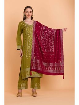 Safaa - Olive Wool Woven Design Unstitched Dress Material with Dupatta (Set of 3)