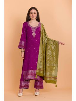 Safaa - Purple Wool Woven Design Unstitched Dress Material with Dupatta (Set of 3)