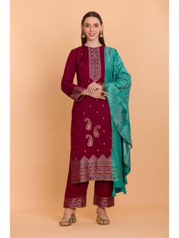 Safaa - Maroon Wool Woven Design Unstitched Dress Material with Dupatta (Set of 3)