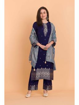 Safaa - Navy Blue Wool Woven Design Unstitched Dress Material with Dupatta (Set of 3)