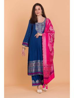 Safaa - Blue Wool Woven Design Unstitched Dress Material with Dupatta (Set of 3)