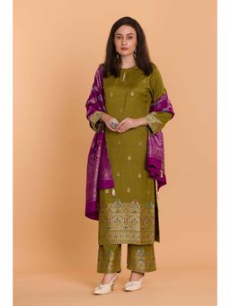 Safaa - Olive Wool Woven Design Unstitched Dress Material with Dupatta (Set of 3)