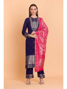 Safaa - Navy Blue Wool Woven Design Unstitched Dress Material with Dupatta (Set of 3)