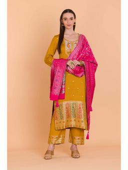 Safaa - Mustard Wool Woven Design Unstitched Dress Material with Dupatta (Set of 3)