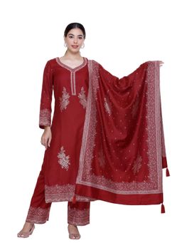 Safaa - Maroon Wool Woven Design Unstitched Dress Material with Dupatta (Set of 3)
