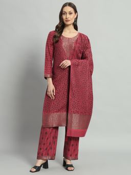 Safaa - Maroon Wool Woven Design Unstitched Dress Material with Dupatta (Set of 3)