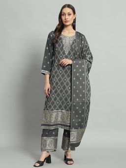 Safaa - Grey Wool Woven Design Unstitched Dress Material with Dupatta (Set of 3)