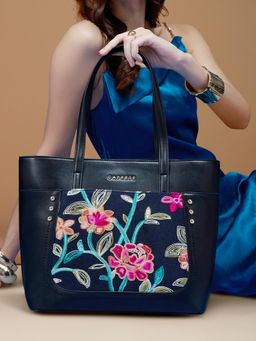Caprese - Women Black Elsa Floral Embroidery Tote Bag (L)