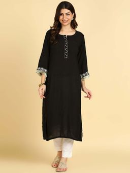 Maaesa - Black Casual Rayon Embroidered Kurta
