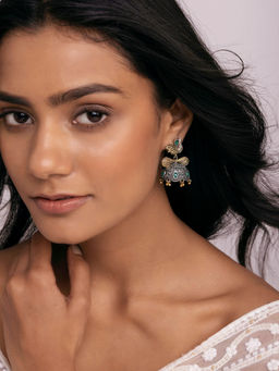 Indya - Earthen BY INDYA Dual Tone Green Peacock Jhumka Earrings