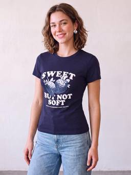 R&B - Women Dark Blue Strawberry Graphic Print Round Neck Short Sleeves T-Shirt