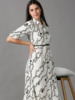 SHOWOFF - Womens Shirt Collar Knee Length Off White Printed Dress
