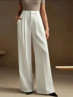 BROADSTAR - Womens Off White Wide Fit Pleated Korean Trouser