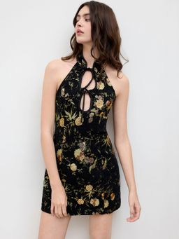 Cider - Jacquard Halter Neckline Floral Cut Out Tie Front Mini Dress