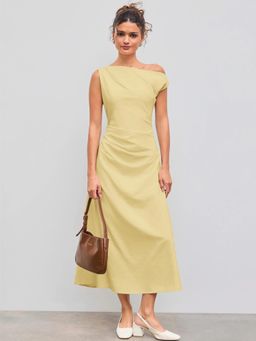 Cider - Asymmetrical Neck Solid Ruched Maxi Dress