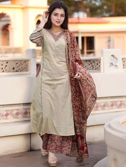 Gahan - Womens Cream Rayon Blend Solid Straight Kurta and Palazzo with Dupatta