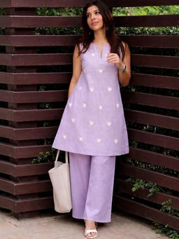 Gahan - Womens Cotton Blend Straight Embroidery Co-Ord Set - Lavender